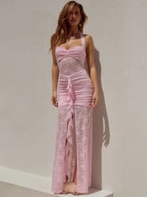Robe moulante de soirée en dentelle drapée patchwork