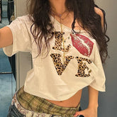 T-shirt ample à col en V Leopard Letter Street