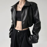 Manteau court rétro à revers en PU noir