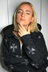 Sweat à capuche ample zippé avec strass croisés