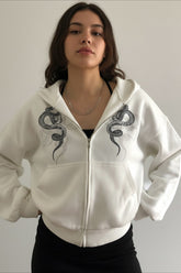 Snake Embroidery Oversized White Zip Hoodie