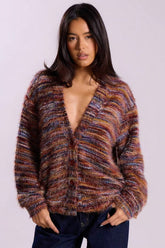 Cardigan oversize rétro à rayures tendance en polaire à manches longues