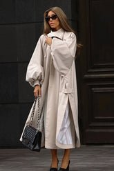 Balloon Sleeve Stand Collar Long Trench Coat