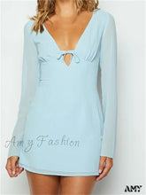 Amy Fashion - Elegant Long Sleeve Solid Casual Deep V Neck Mini Dress