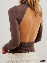 Amy Fashion - Long Sleeve High Neck Backless Slim Fit Solid Color T-Shirts D / S