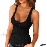 Amy Fashion - Ribbed Knitting Button U-Neck Sleeveless Tank Top