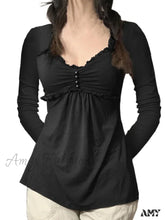 Amy Fashion - V-Neck Ruched Solid Color Vintage Buttons T-Shirts