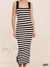 Amy Fashion - Women Knitted Sleeveless Square Neck Striped Print Beach Tank Side Split Summer