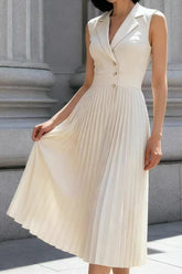Ruched Ice Silk Lapel High Waist Work Dress