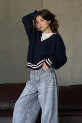 Pull décontracté à rayures et blocs de couleur, col en V, maille ample