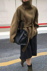 Manteau rétro ample à col roulé en laine double face avec ceinture à nouer à la taille