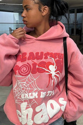 Sweat à capuche ample style hip-hop imprimé toile d'araignée