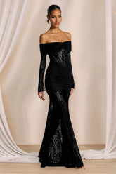 Robe de soirée maxi élégante en dentelle noire cintrée