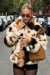 Patchwork Spot Zip Faux Fur Coat