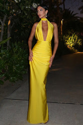 Robe de soirée maxi sexy à col V, dos nu et fente unie