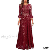 Christmas Vintage Full Lace Contrast Bell Sleeve Formal Long Dress
