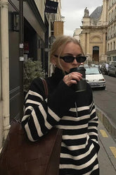 Pull rayé décontracté à col zippé demi-zip et revers rétro