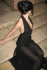 Robe de soirée sexy en tulle à décolleté en V et découpes, dos nu et liens sur le côté.