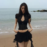 Ensemble deux pièces jupe mini asymétrique en dentelle résille