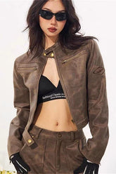 Veste de motard en daim vieilli à col montant