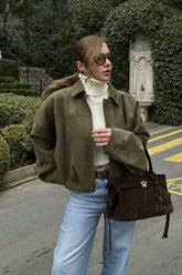 Solid Suede Look Balloon Hem Zip Jacket