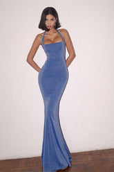 Robe de soirée dos nu à bretelles et découpes