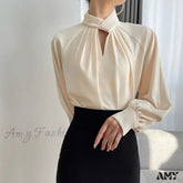 Irregular Ladies Solid Color Temperament Pleated Stand Collar Blouse Apricot / S