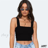 Square Neck Sleeveless Summer White Black Casual Basic Off Shoulder Backless Crop Top / Xs