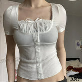 Vintage Preppy Cute Lace Trim Bow Short Sleeve Fairy Cottage Crop Top