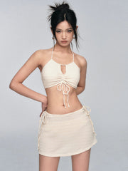 Ensemble bikini à cordon en crochet ivoire