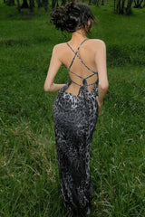 Robe de soirée dos nu à bretelles spaghetti imprimée léopard