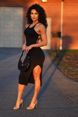 Split Halter Open Back Adjustable Midi Slip Dress
