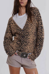Cardigan ample à col en V imprimé léopard rétro, doux et brossé, style décontracté.
