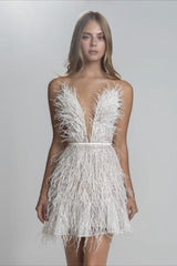 Backless Plunge Feathered Party Slip Dress