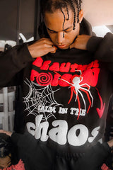 Sweat à capuche ample style hip-hop imprimé toile d'araignée