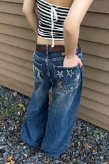 Jean oversize délavé à jambes larges brodé d'étoiles