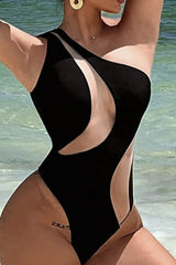 Solid Cutout Asymmetric Off Shoulder One Piece Swimwear