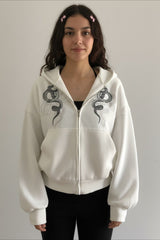 Snake Embroidery Oversized White Zip Hoodie