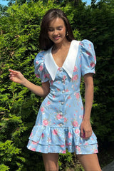 Romantic V Neck Puff Sleeve Ruffle Waist Short Floral Dress