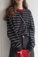 Cardigan brodé à col rond et rayures color block