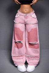 Jean rose dégradé patchwork usé et stylé