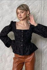 Square Neck Jacquard Peplum Blouse