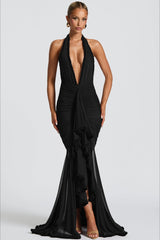 Robe de soirée sexy à empiècements en résille, col en V, dos nu et bretelles dos nu