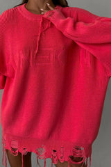 Pull décontracté en maille à col rond, style grunge déchiré et tendance