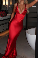 Robe de soirée à bretelles fines en satin, col en V et dos nu