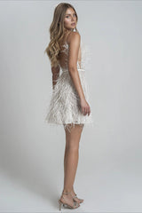 Backless Plunge Feathered Party Slip Dress