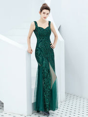 robe de soirée longue à bretelles et sequins 