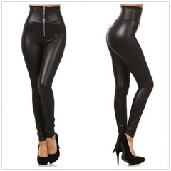 Pantalon en cuir PU taille haute zippé