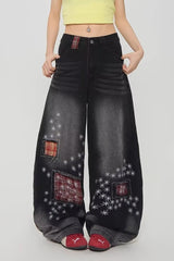 Jean vintage à carreaux patchwork et jambes larges délavé