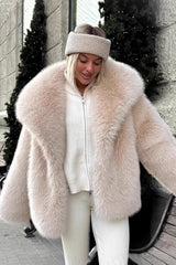 Manteau d'hiver chaud à col cranté en fausse fourrure de renard duveteuse